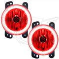 2010-2017 Jeep Wrangler JK Red LED Halo Pre-Assembled Fog Lights with red halos.