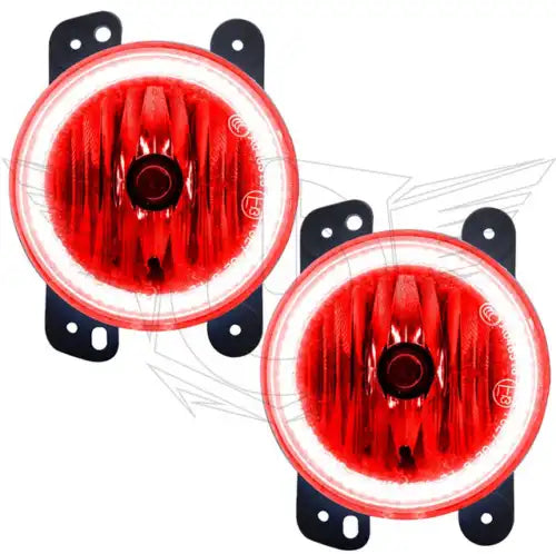 2010-2017 Jeep Wrangler JK Red LED Halo Pre-Assembled Fog Lights with red halos.