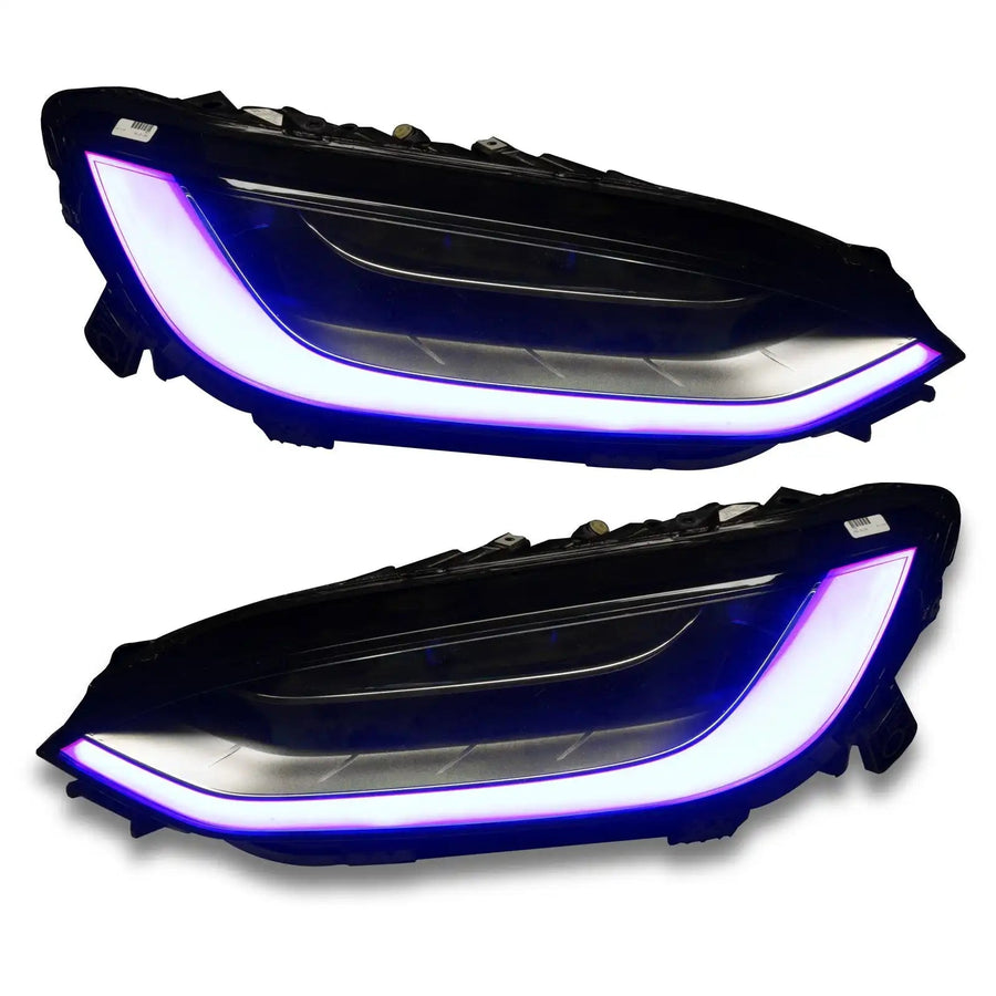 Tesla Model X headlights with purple DRL