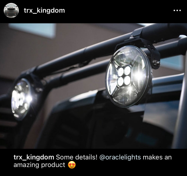 Screenshot of an instagram post of the 7" Multifunction LED Spotlight installed on a TRX. The caption reads: "Some details! @oraclelights makes an amazing product."