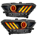 Ford Mustang Pre-Assembled Headlights with amber halos and DRLs.