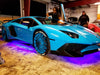Blue Lamborghini with purple LED underbody kit.