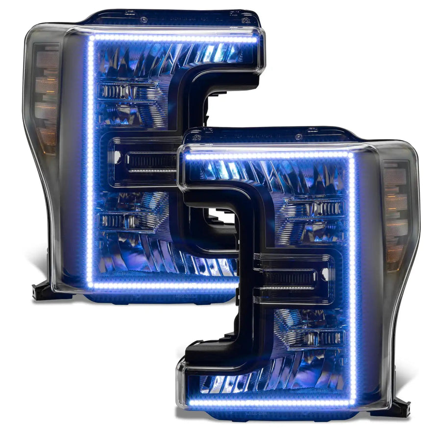 Ford SuperDuty headlights with white halos.