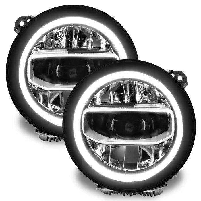 Jeep Wrangler JL headlights with white DRLs.