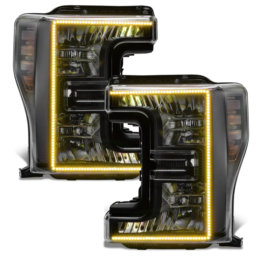 Ford SuperDuty headlights with yellow halos.