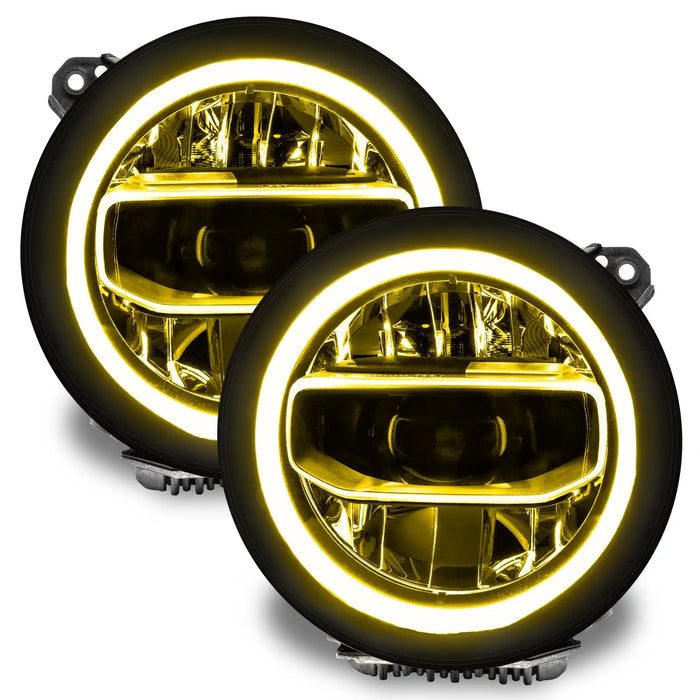 Jeep Wrangler JL headlights with yellow DRLs.