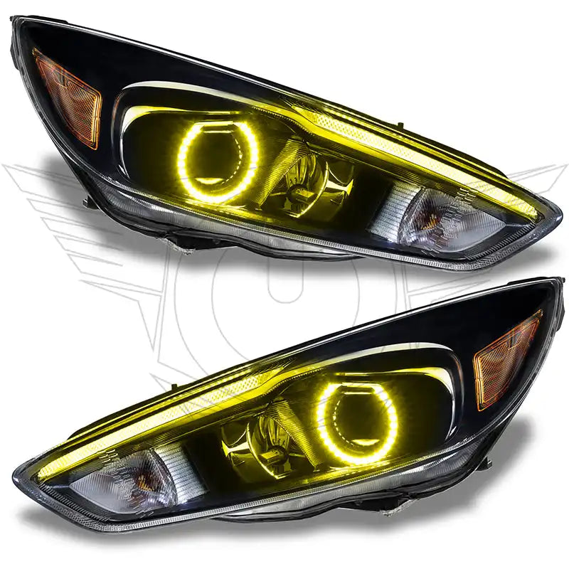 Ford Focus headlights with yellow halo rings.