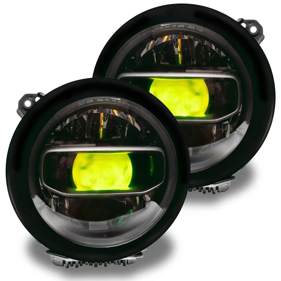 Jeep Wrangler JL headlights with yellow "Demon Eye" Projectors.