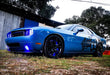 Low aggressive shot of a blue Dodge Challenger with blue LED headlight and fog light halo rings installed.