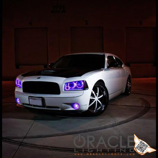 Three quarters view of a white Dodge Charger with purple LED headlight and fog light halo rings installed.