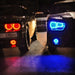Challenger and charger side by side with red and blue halos on