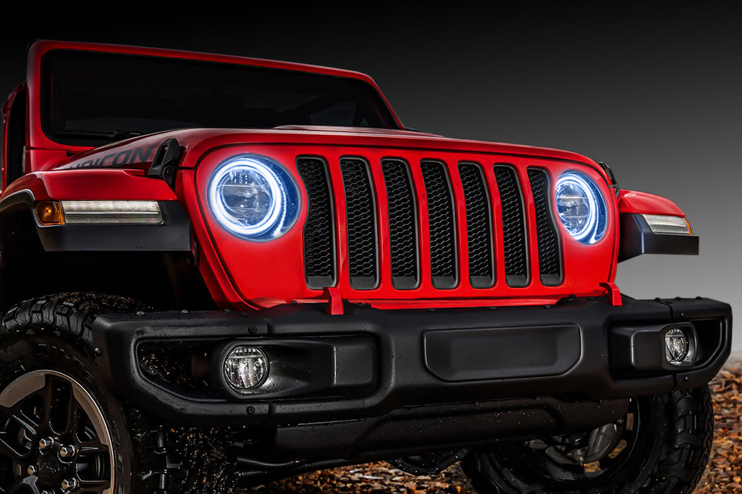 Red Jeep Wrangler JL with white Surface Mount Halos installed.