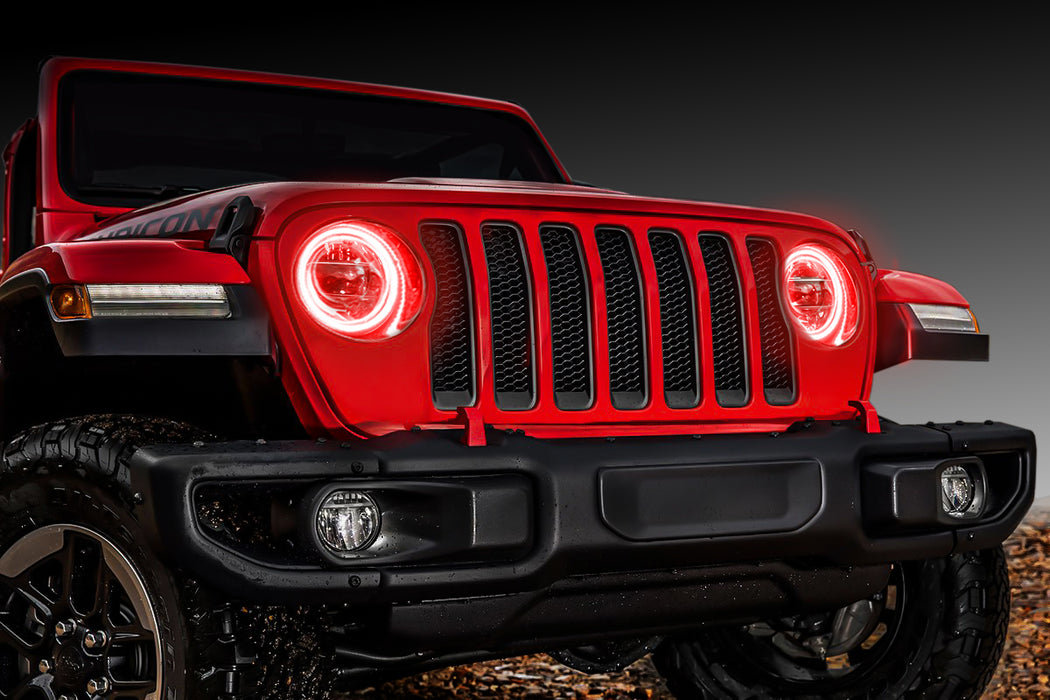 Red Jeep Wrangler JL with red Surface Mount Halos installed.