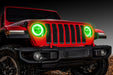 Front end of a red Jeep with green LED Surface Mount Headlight Halos.