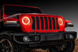Front end of a red Jeep with amber LED Surface Mount Headlight Halos.