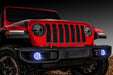 Red jeep with white fog light halos