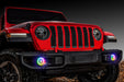 Red Jeep Gladiator with rainbow fog light halos installed.