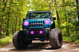 Front end of a Jeep Wrangler JK with pink LED headlight and fog light halos installed.
