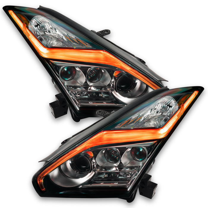 Nissan GT-R headlights with amber DRLs.
