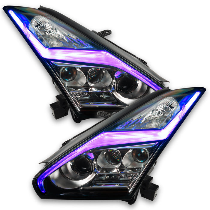 Nissan GT-R headlights with purple DRLs.