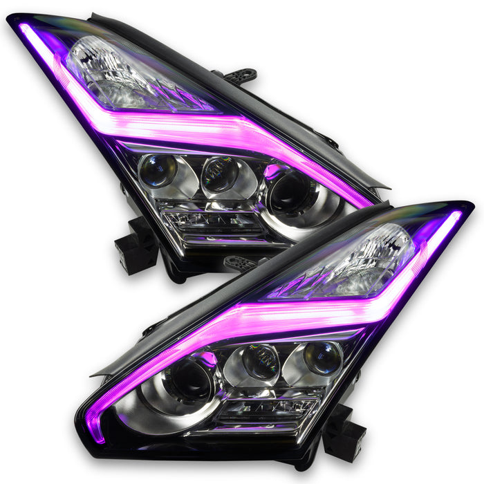 Nissan GT-R headlights with pink DRLs.