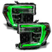 GMC Sierra headlights with green DRLs.