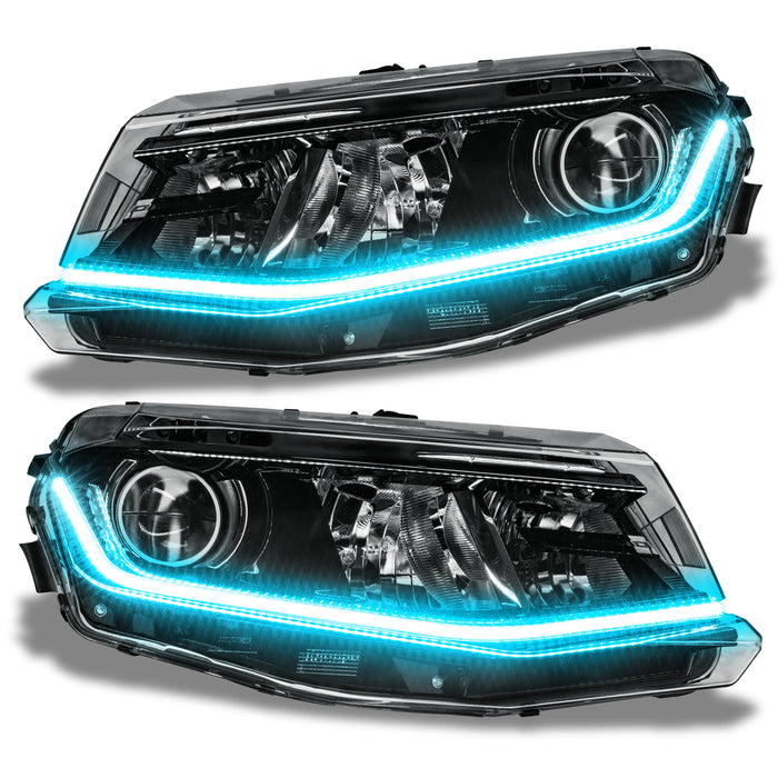 Chevrolet Camaro headlights with aqua LED Surface Mount DRL Modules.