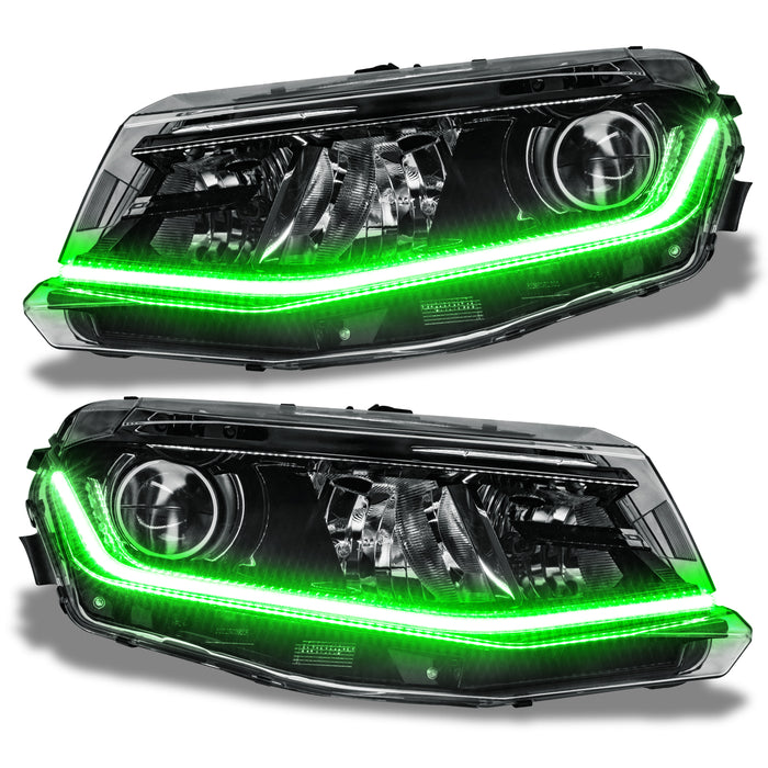 Chevrolet Camaro headlights with green LED Surface Mount DRL Modules.