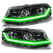 Chevrolet Camaro headlights with green LED Surface Mount DRL Modules.