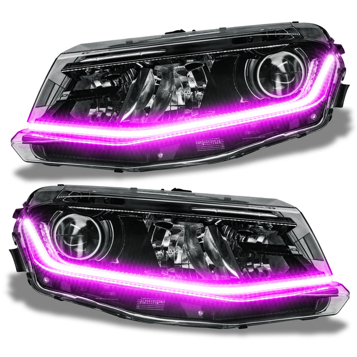 Chevrolet Camaro headlights with pink LED Surface Mount DRL Modules.