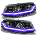 Chevrolet Camaro headlights with purple LED Surface Mount DRL Modules.