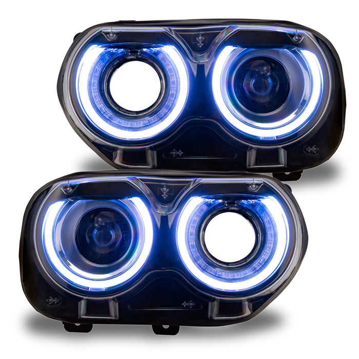 Dodge Challenger headlights with cool white DRLs.