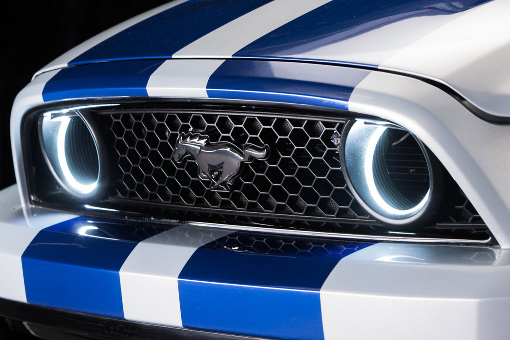 Close-up on a Ford Mustang grill with Surface Mount Fog Light Halos installed.