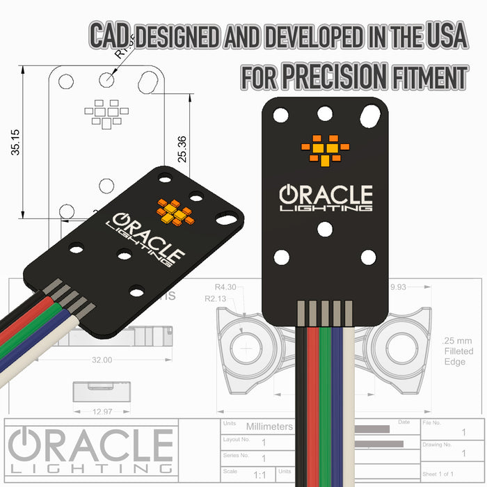 Rendering of a PCB with text that reads: "CAD designed and developed in the USA for precision fitment."