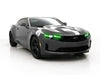 Three quarters view of a Chevrolet Camaro with green headlight DRLs.