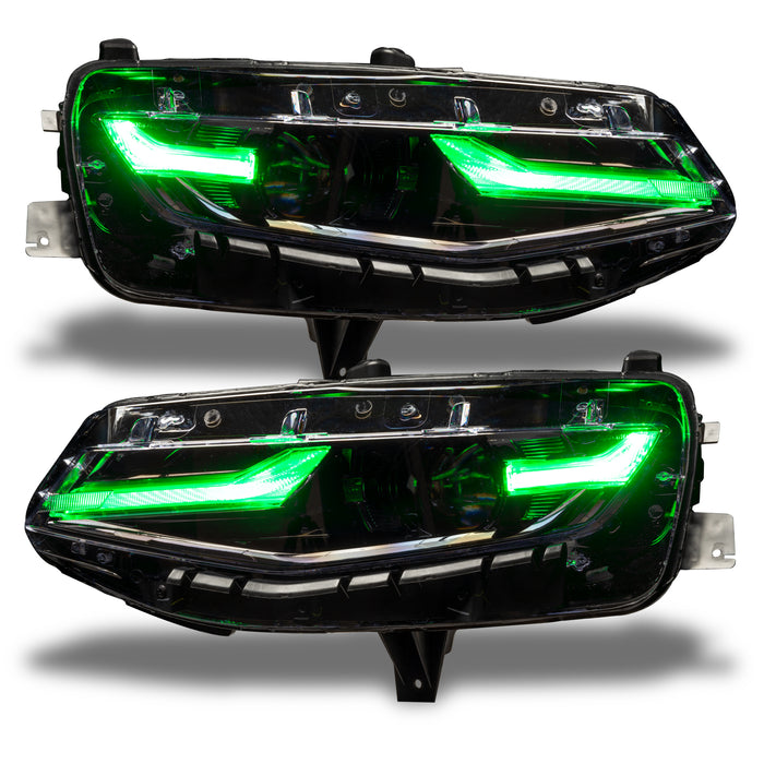 Chevrolet Camaro headlights with green DRLs.