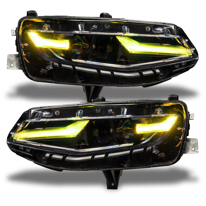 Chevrolet Camaro headlights with yellow DRLs.