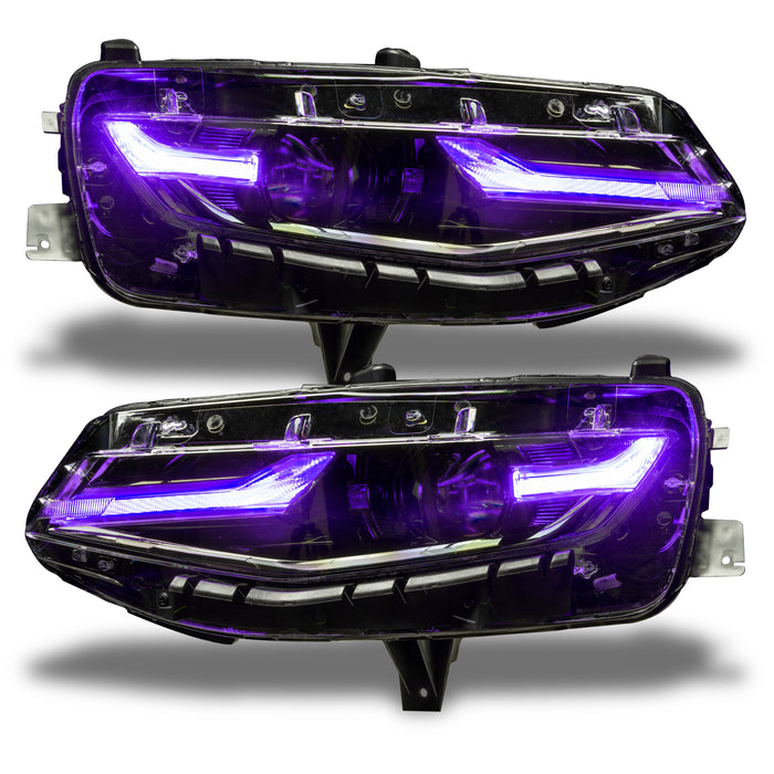 Chevrolet Camaro headlights with purple DRLs.
