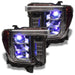 GMC Sierra headlights with white demon eye projectors.