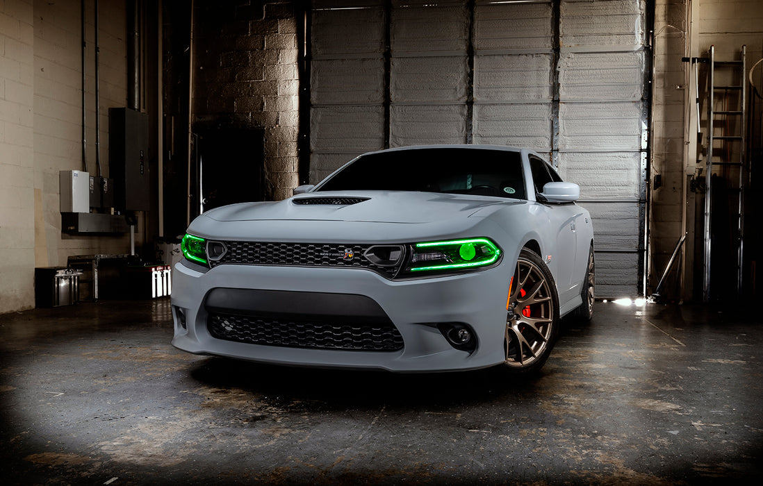 Grey charger in garage with green DRL