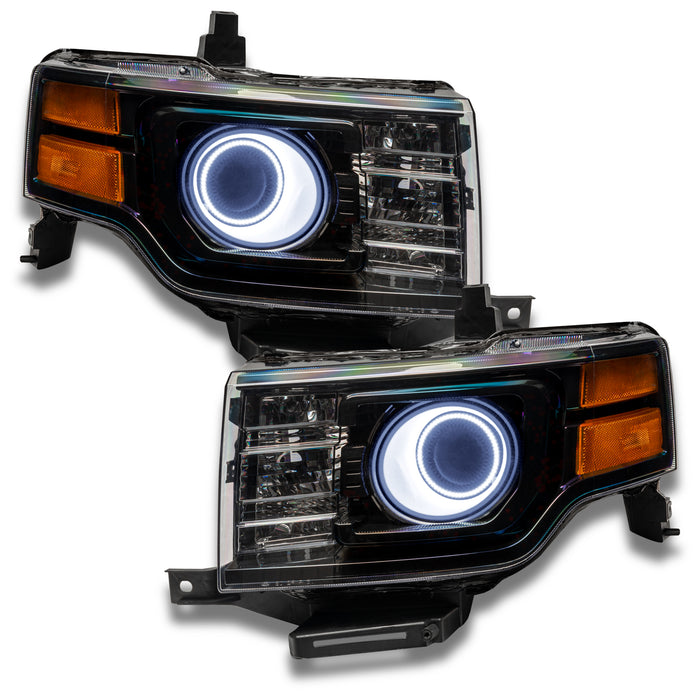 Ford Flex headlights with white LED halo rings.
