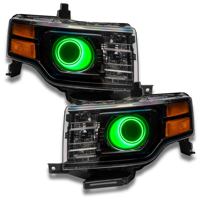Ford Flex headlights with green LED halo rings.
