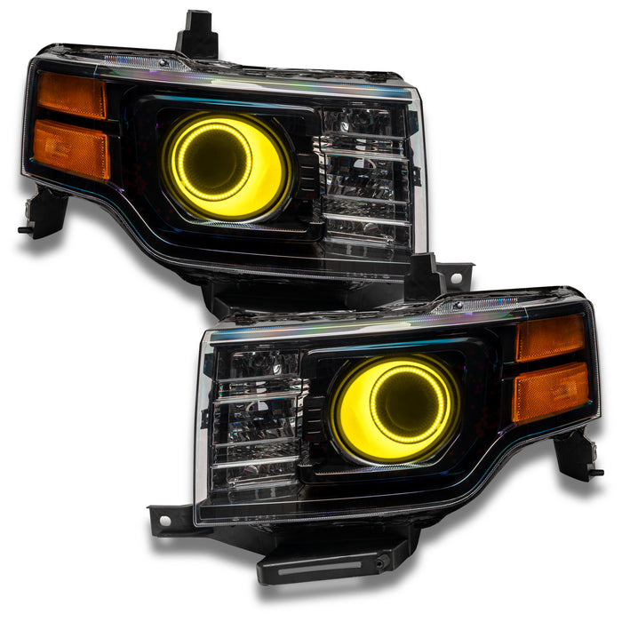 Ford Flex headlights with yellow LED halo rings.