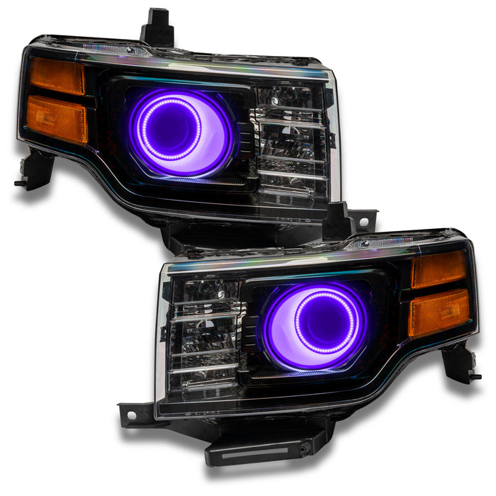 Ford Flex headlights with purple LED halo rings.