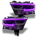 Ram 1500 headlights with purple DRLs.