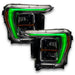 Ford F-150 headlights with green DRLs