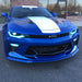 Front end of a blue Chevrolet Camaro with cyan headlight and fog light DRLs.