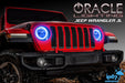 Front end of a red Jeep with blue LED Surface Mount Headlight Halos.