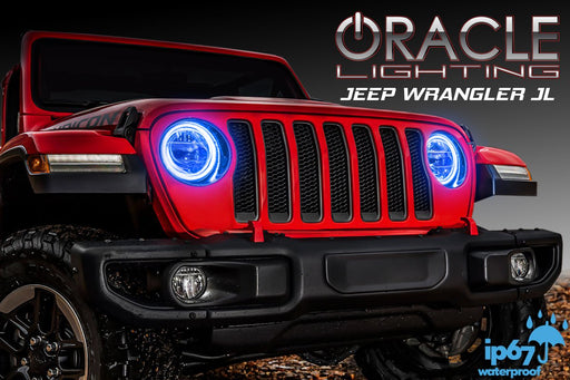 Red Jeep Wrangler JL with blue Surface Mount Halos installed.