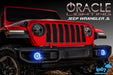 Front end of a red Jeep with blue LED Surface Mount Fog Light Halos.